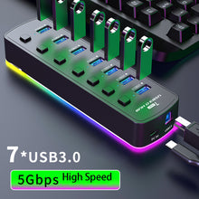 Load image into Gallery viewer, 7 Ports USB3.0 HUB RGB Light Data Transfer Cable Splitter Charging Dock with Switch DC5V Power Port Computer Cord Wire Converter