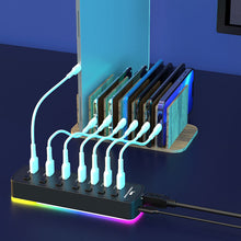 Load image into Gallery viewer, 7 Ports USB3.0 HUB RGB Light Data Transfer Cable Splitter Charging Dock with Switch DC5V Power Port Computer Cord Wire Converter