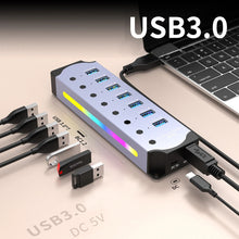 Load image into Gallery viewer, 4-7 Ports USB3.0 HUB Cable Splitter Aluminum Alloy RGB Light Wire Converter Charging Dock with Switch for Laptop Mobile Phone
