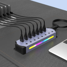 Load image into Gallery viewer, 4-7 Ports USB3.0 HUB Cable Splitter Aluminum Alloy RGB Light Wire Converter Charging Dock with Switch for Laptop Mobile Phone
