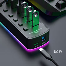 Carica l&#39;immagine nel visualizzatore di Gallery, 7 Ports USB3.0 HUB RGB Light Data Transfer Cable Splitter Charging Dock with Switch DC5V Power Port Computer Cord Wire Converter
