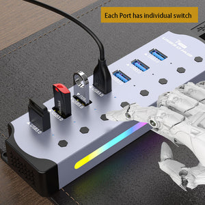 4-7 Ports USB3.0 HUB Cable Splitter Aluminum Alloy RGB Light Wire Converter Charging Dock with Switch for Laptop Mobile Phone