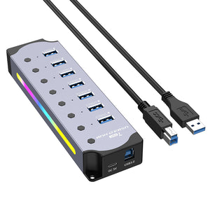 4-7 Ports USB3.0 HUB Cable Splitter Aluminum Alloy RGB Light Wire Converter Charging Dock with Switch for Laptop Mobile Phone